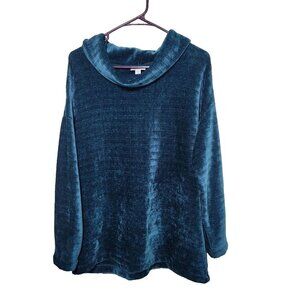 J Jill Medium Chenille Tunic Sweater Pullover Teal Blue Cowl Neck Long Sleeve